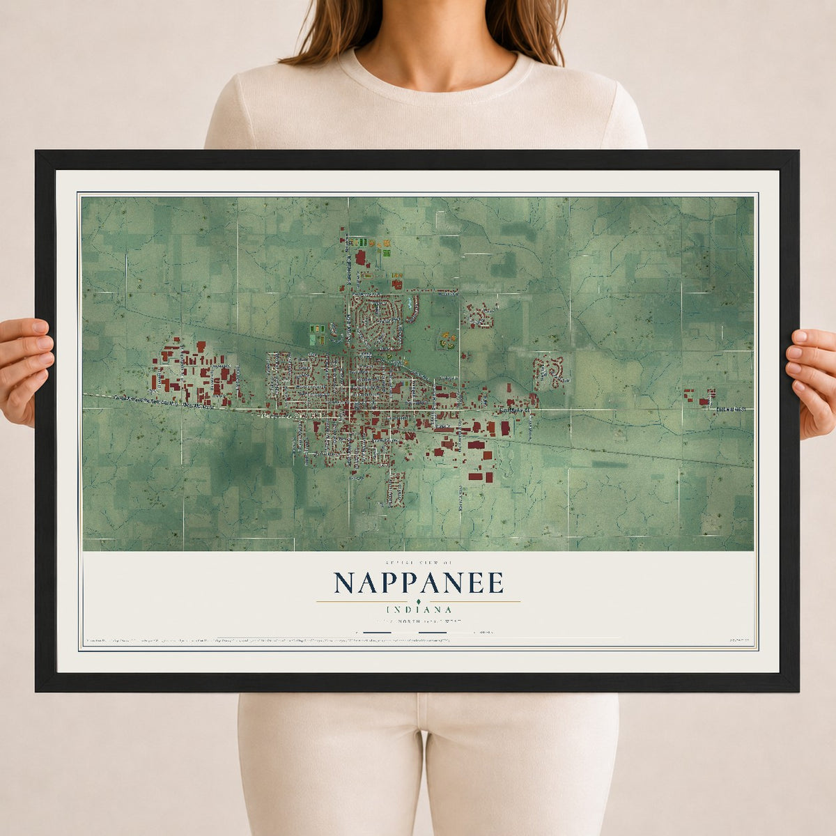 Map of Nappanee, Indiana, 18 x 24 inch print in a black wood frame