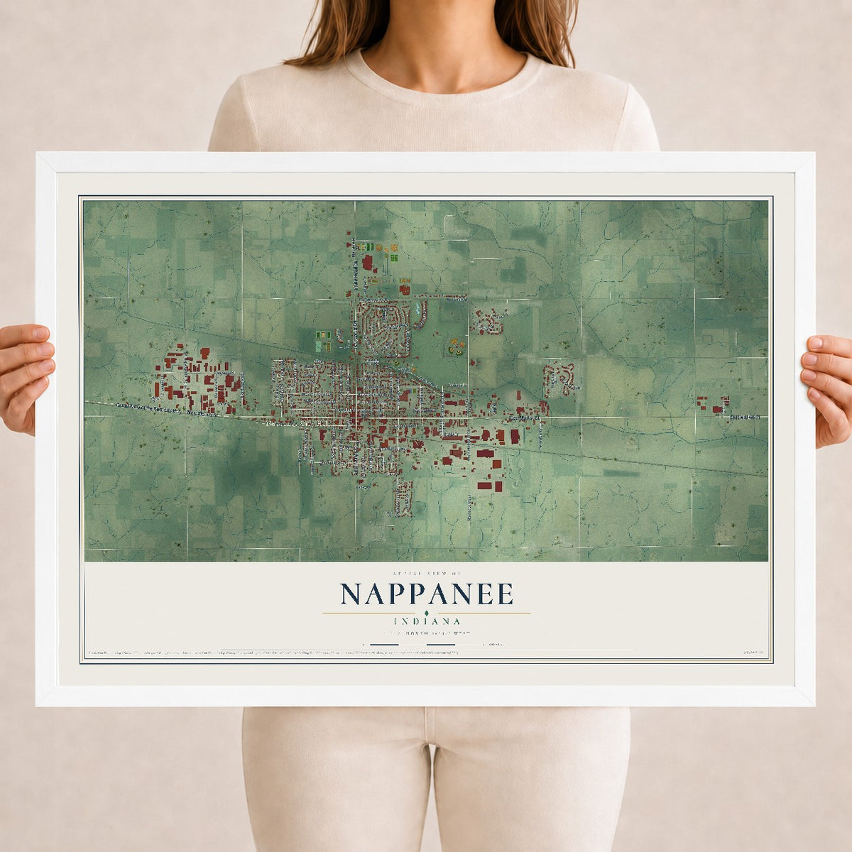 Map of Nappanee, Indiana, 18 x 24 inch print in a white wood frame