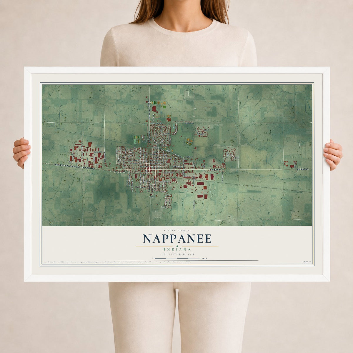Map of Nappanee, Indiana, 24 x 36 inch print in a white wood frame