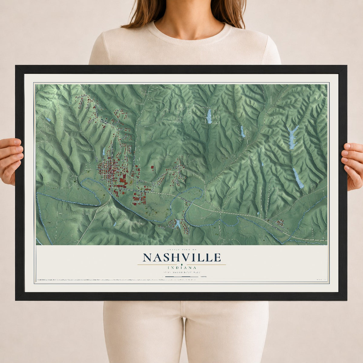 Map of Nashville, Indiana, 18 x 24 inch print in a black wood frame