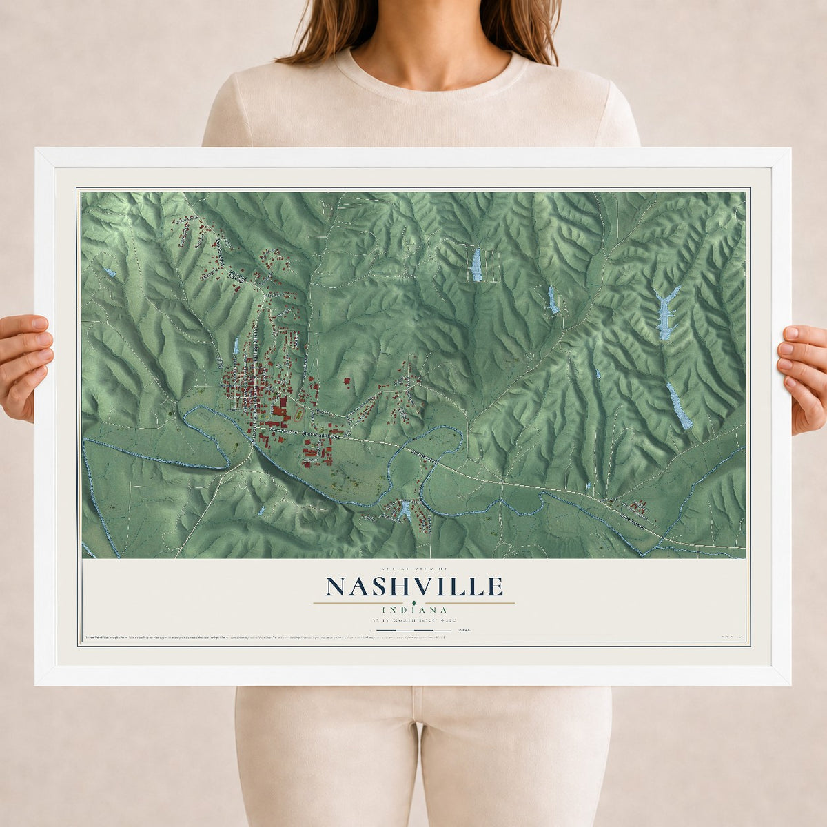 Map of Nashville, Indiana, 18 x 24 inch print in a white wood frame