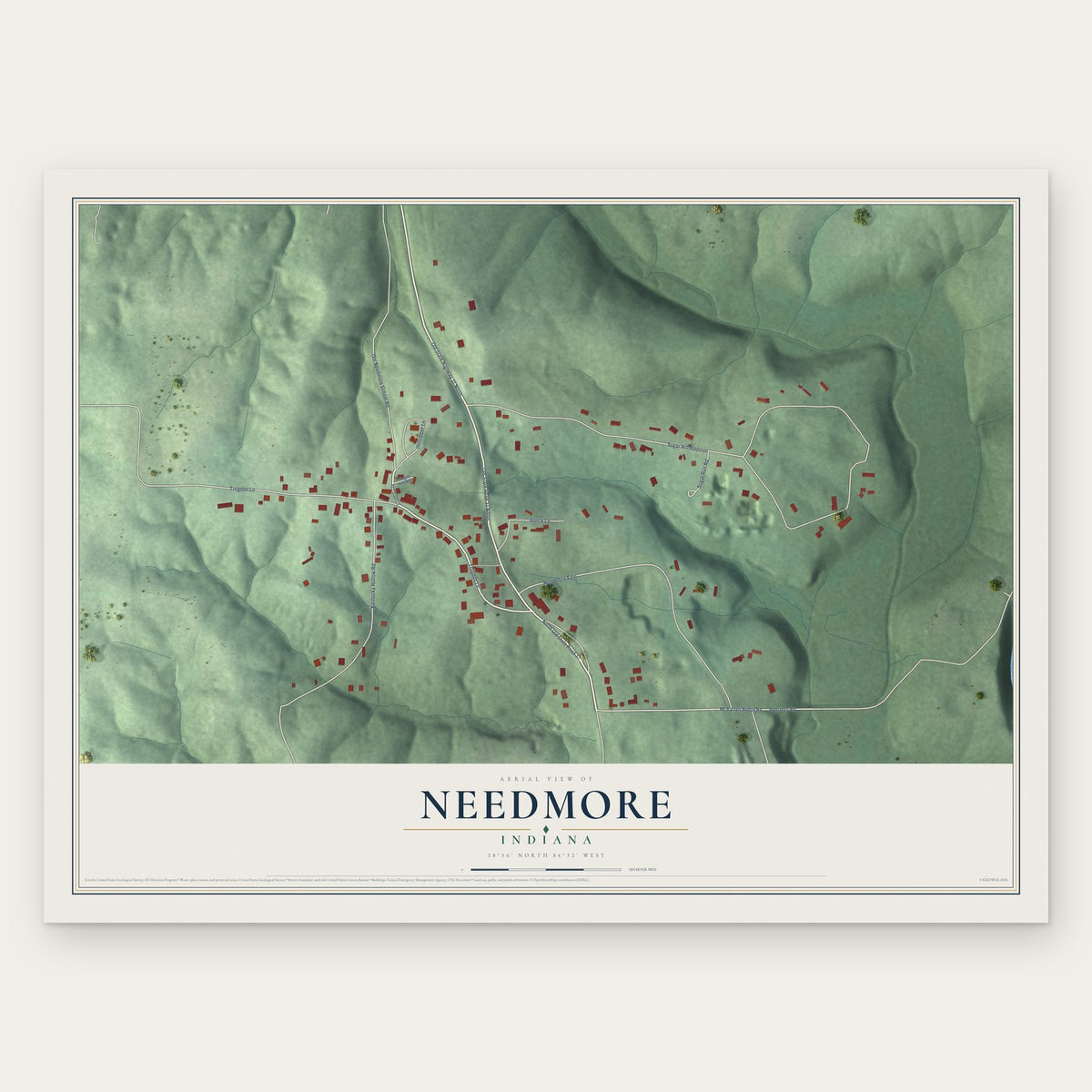 Needmore, Indiana map print, the full design