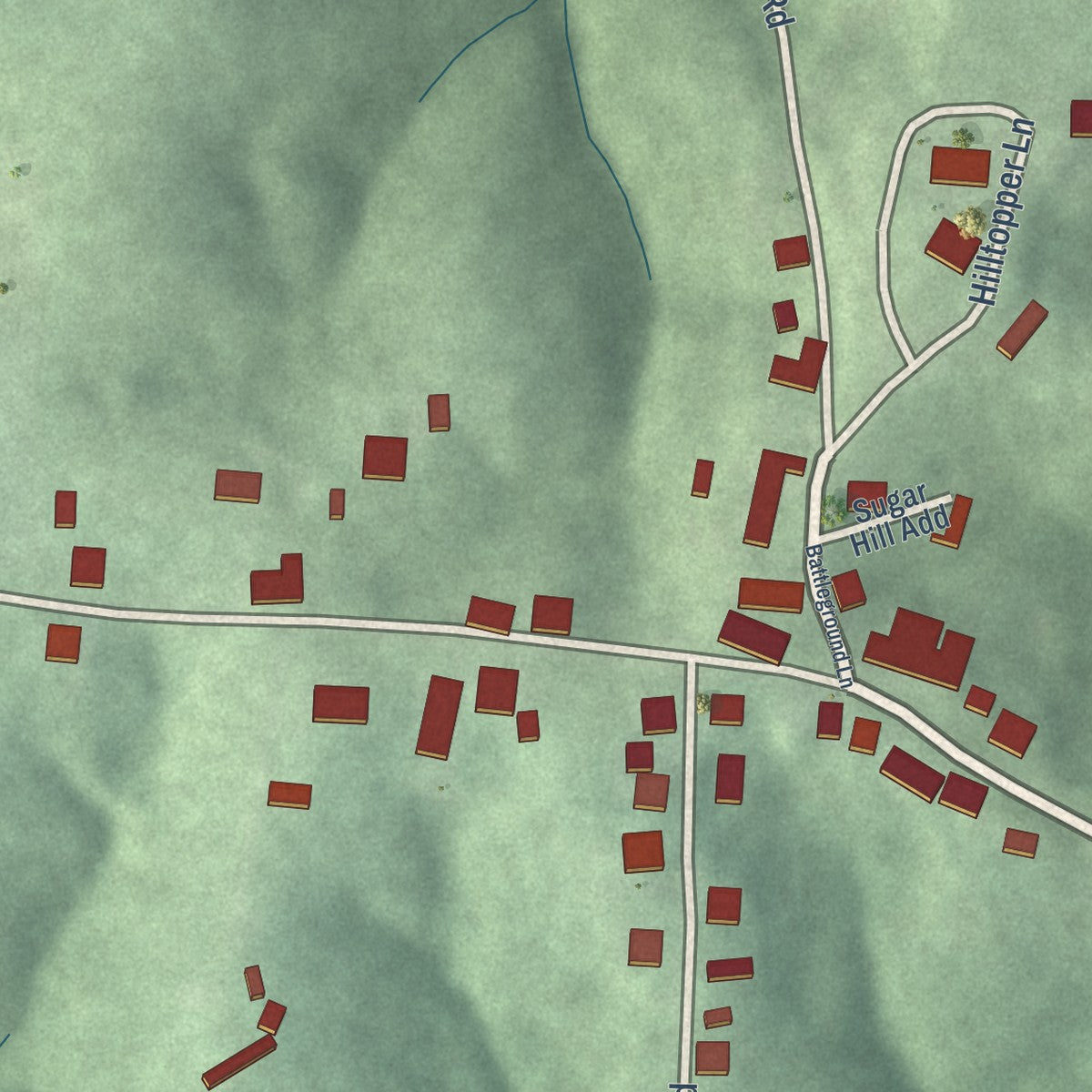 Close-up of the map of Needmore, Indiana print showing street and building detail