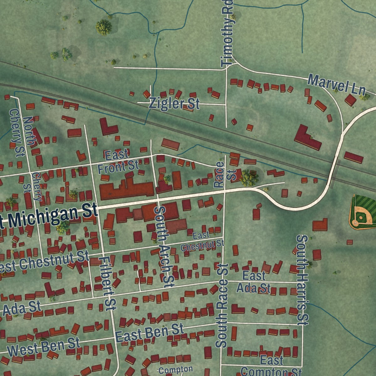 Close-up of the map of New Carlisle, Indiana print showing street and building detail