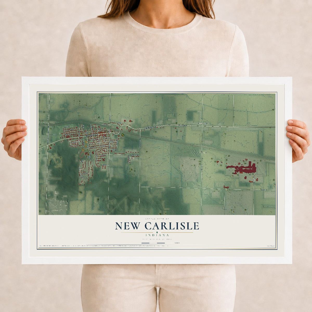 Map of New Carlisle, Indiana, 12 x 18 inch print in a white wood frame