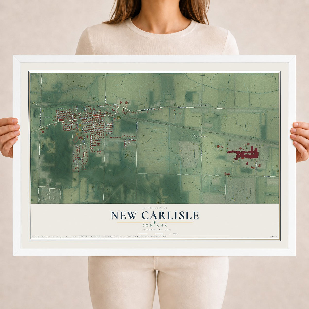 Map of New Carlisle, Indiana, 18 x 24 inch print in a white wood frame
