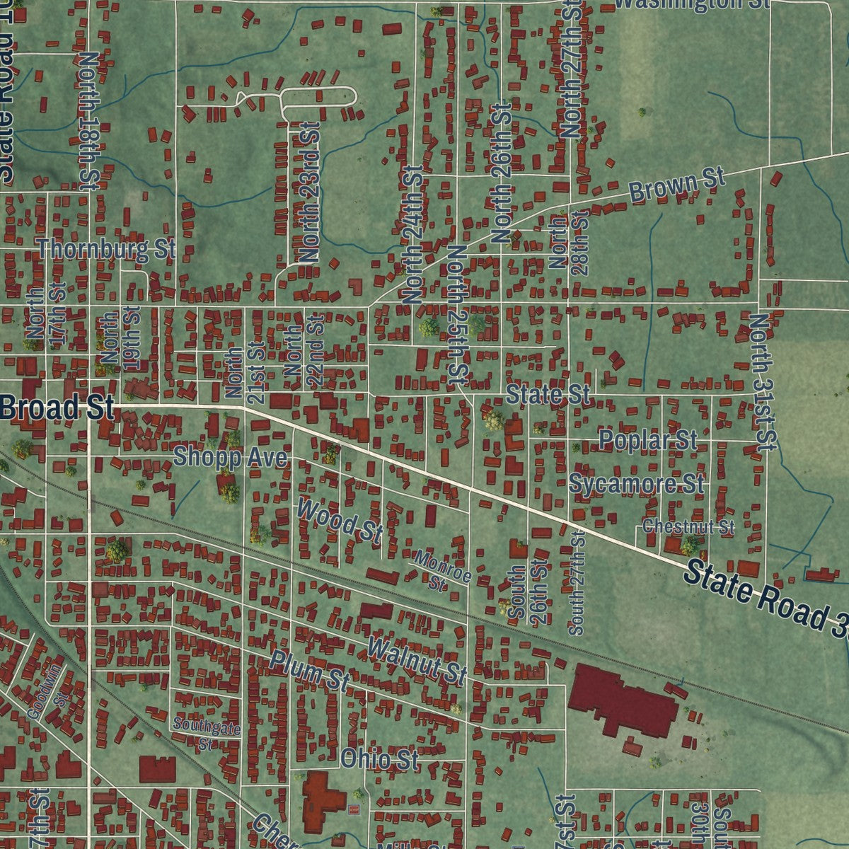 Second close-up of the map of New Castle, Indiana print showing more streets and buildings