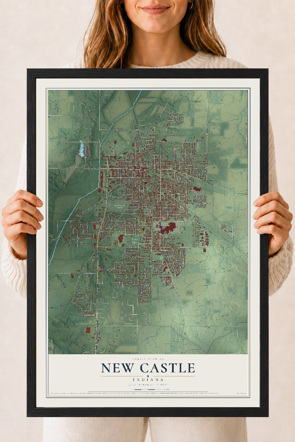 Map of New Castle, Indiana, 18 x 24 inch print in a black wood frame