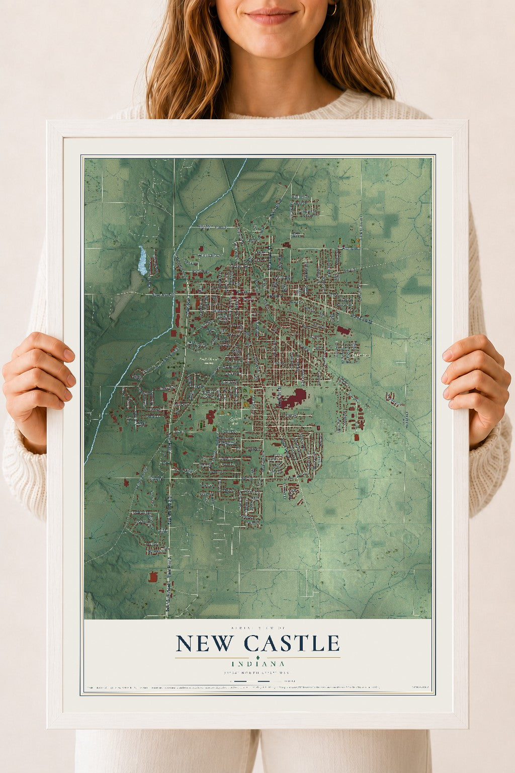 Map of New Castle, Indiana, 18 x 24 inch print in a white wood frame