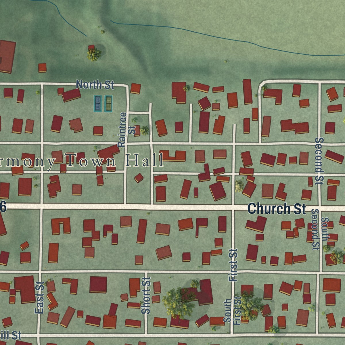 Close-up of the map of New Harmony, Indiana print showing street and building detail