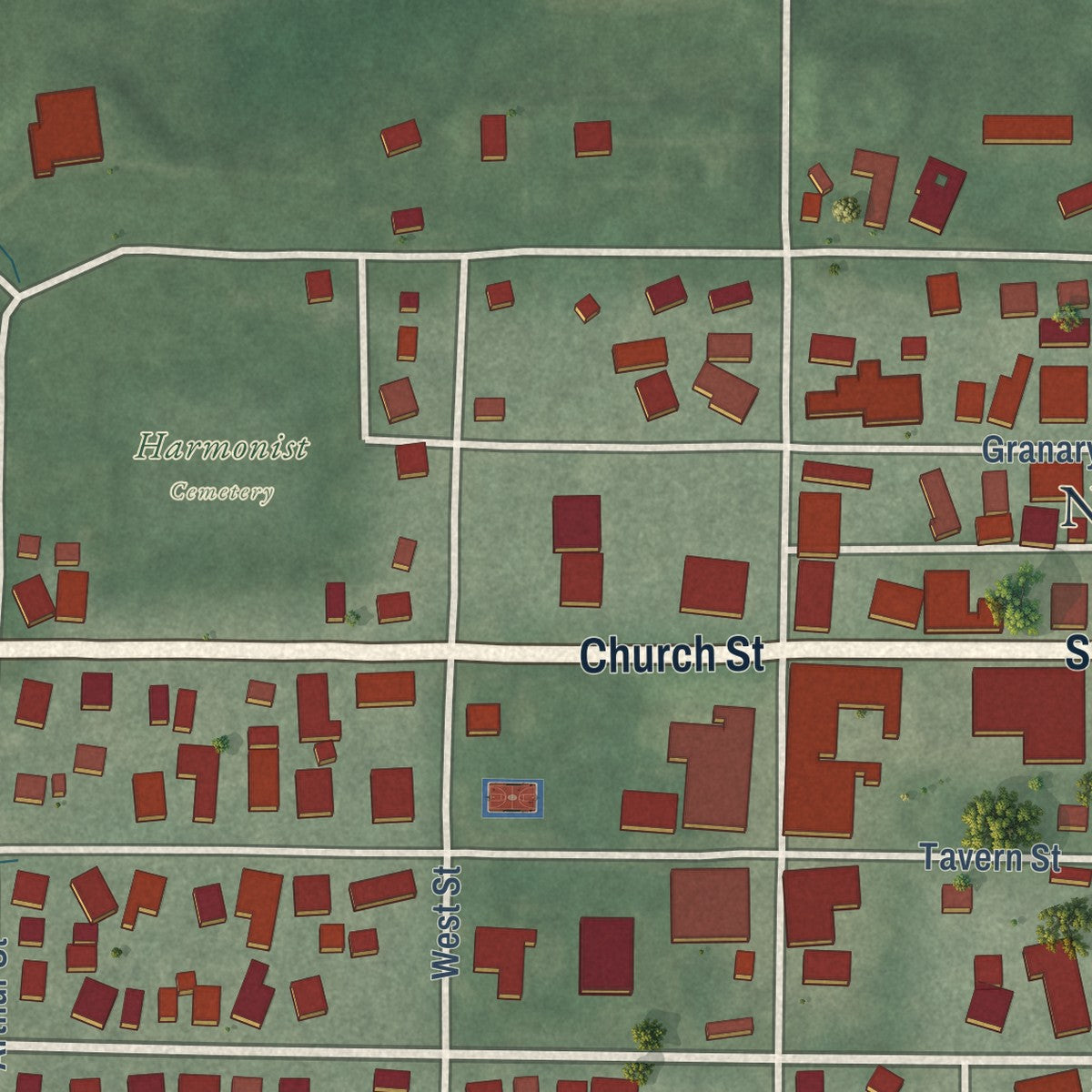 Second close-up of the map of New Harmony, Indiana print showing more streets and buildings