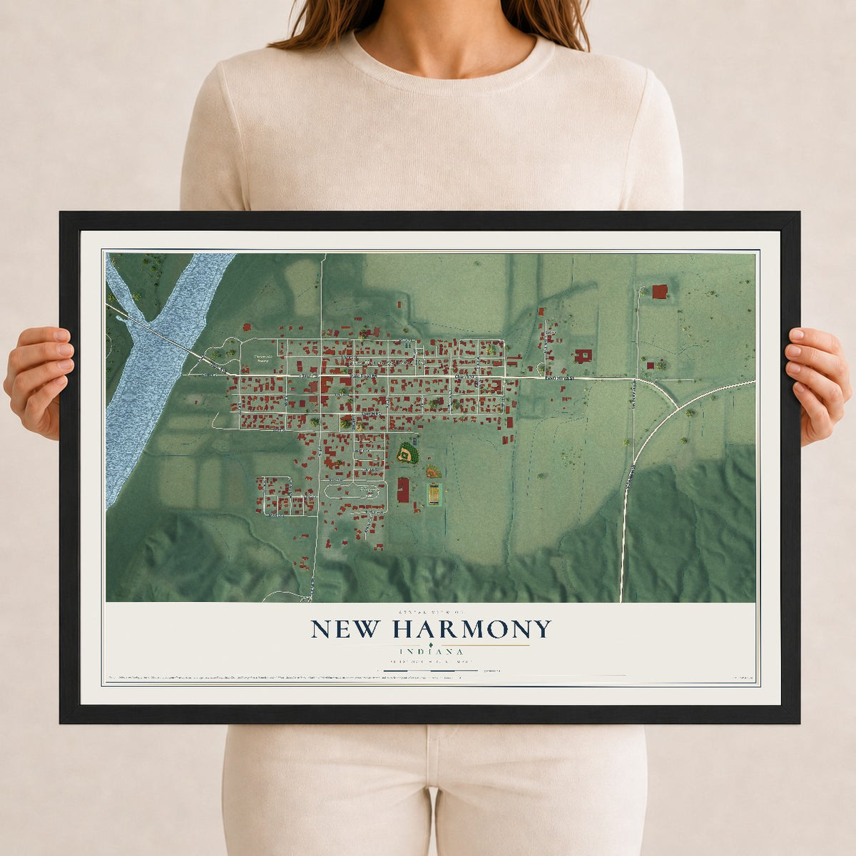 Map of New Harmony, Indiana, 12 x 18 inch print in a black wood frame