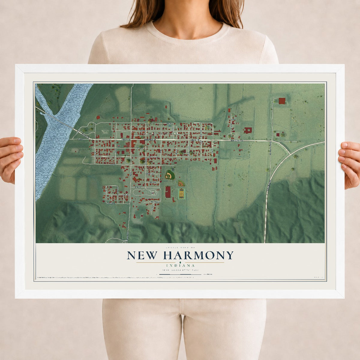 Map of New Harmony, Indiana, 18 x 24 inch print in a white wood frame