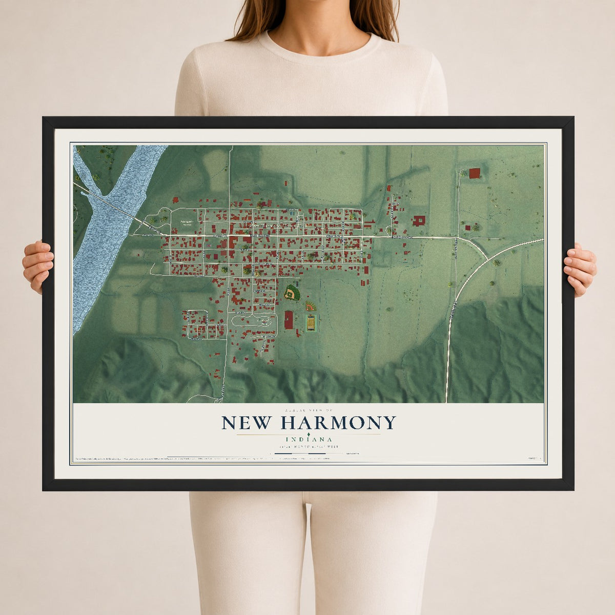 Map of New Harmony, Indiana, 24 x 36 inch print in a black wood frame