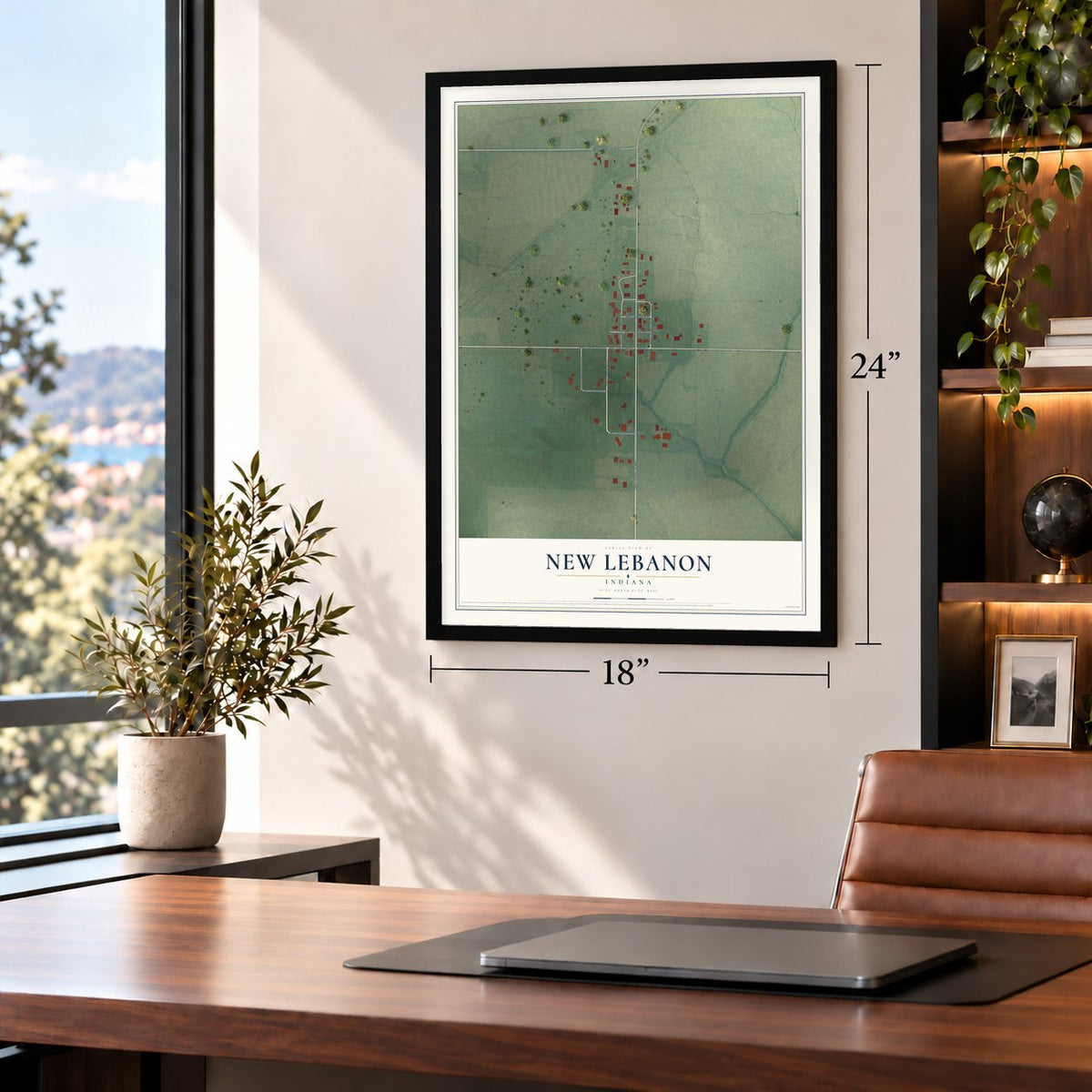 New Lebanon, Indiana map, 18 x 24 inch print in a black frame in a home office
