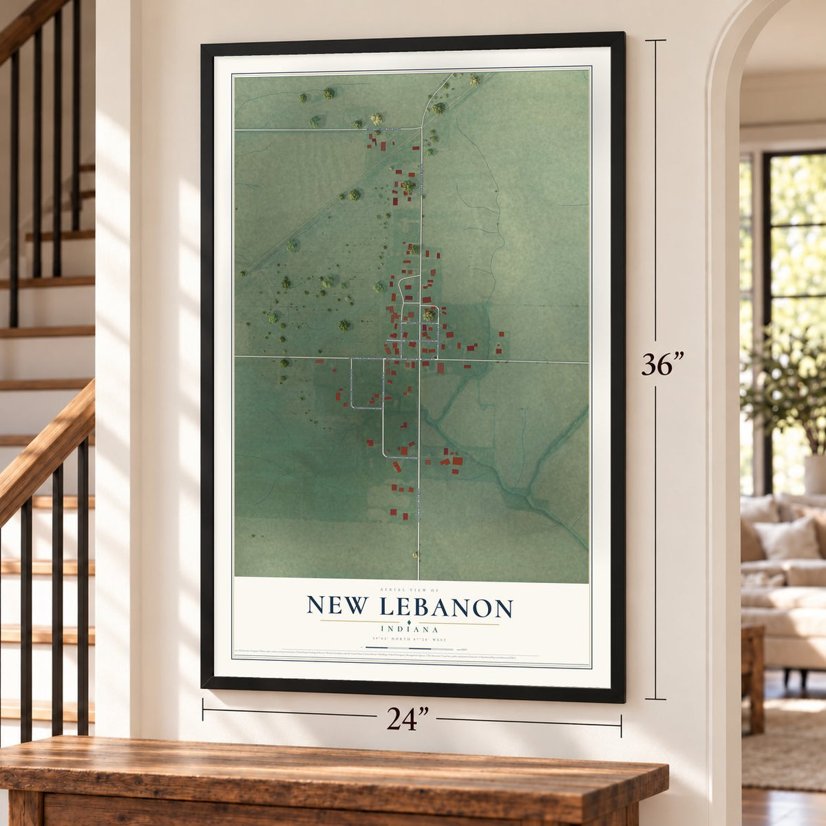 New Lebanon, Indiana map, 24 x 36 inch print in a black frame by a staircase
