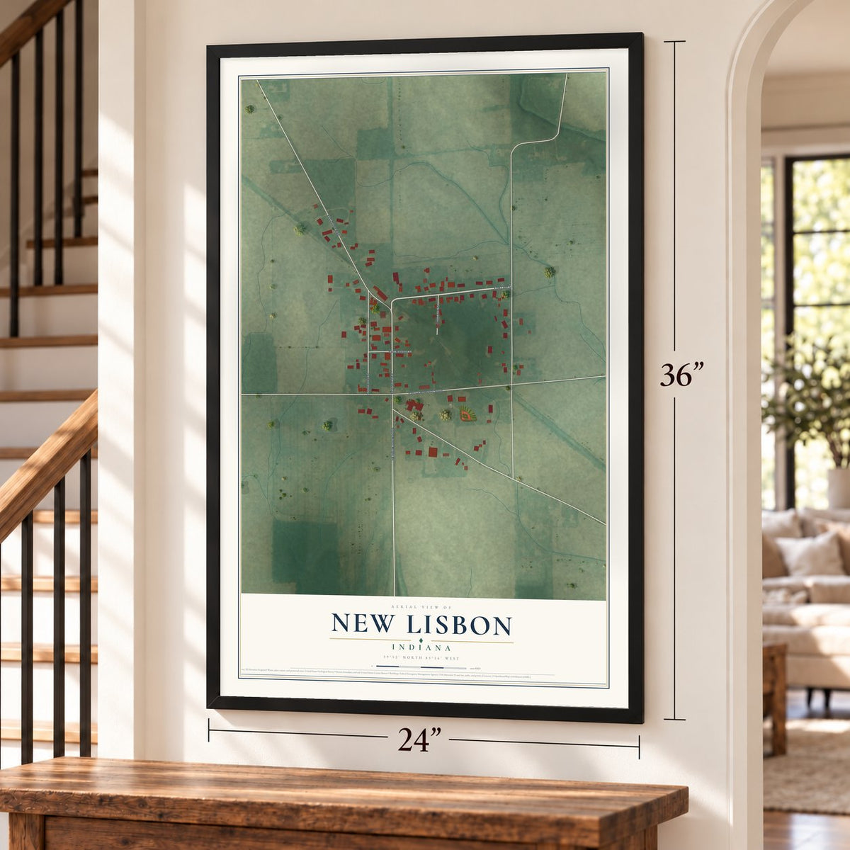 New Lisbon, Indiana map, 24 x 36 inch print in a black frame by a staircase
