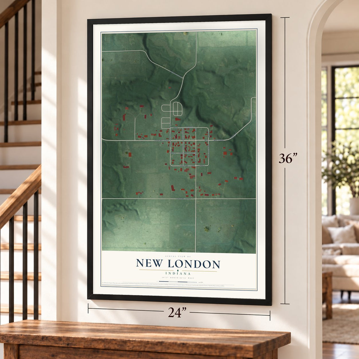 New London, Indiana map, 24 x 36 inch print in a black frame by a staircase