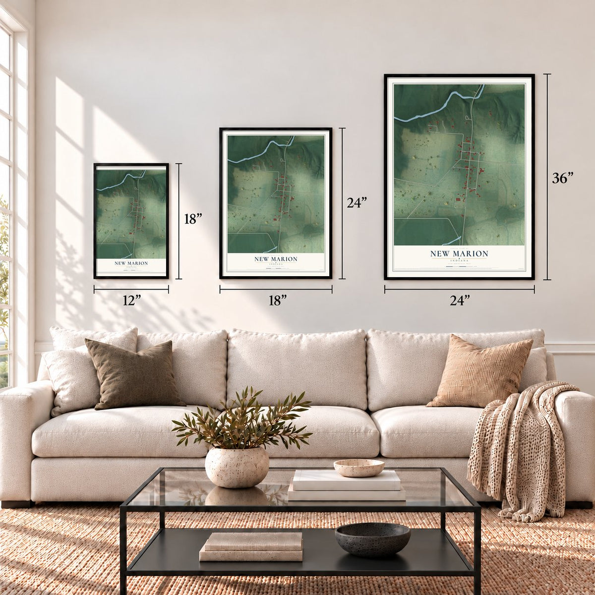 New Marion, Indiana map in 12 x 18, 18 x 24 and 24 x 36 inch sizes above a sofa