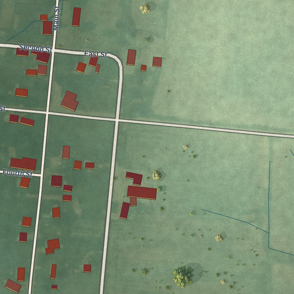Close-up of the map of New Marion, Indiana print showing street and building detail