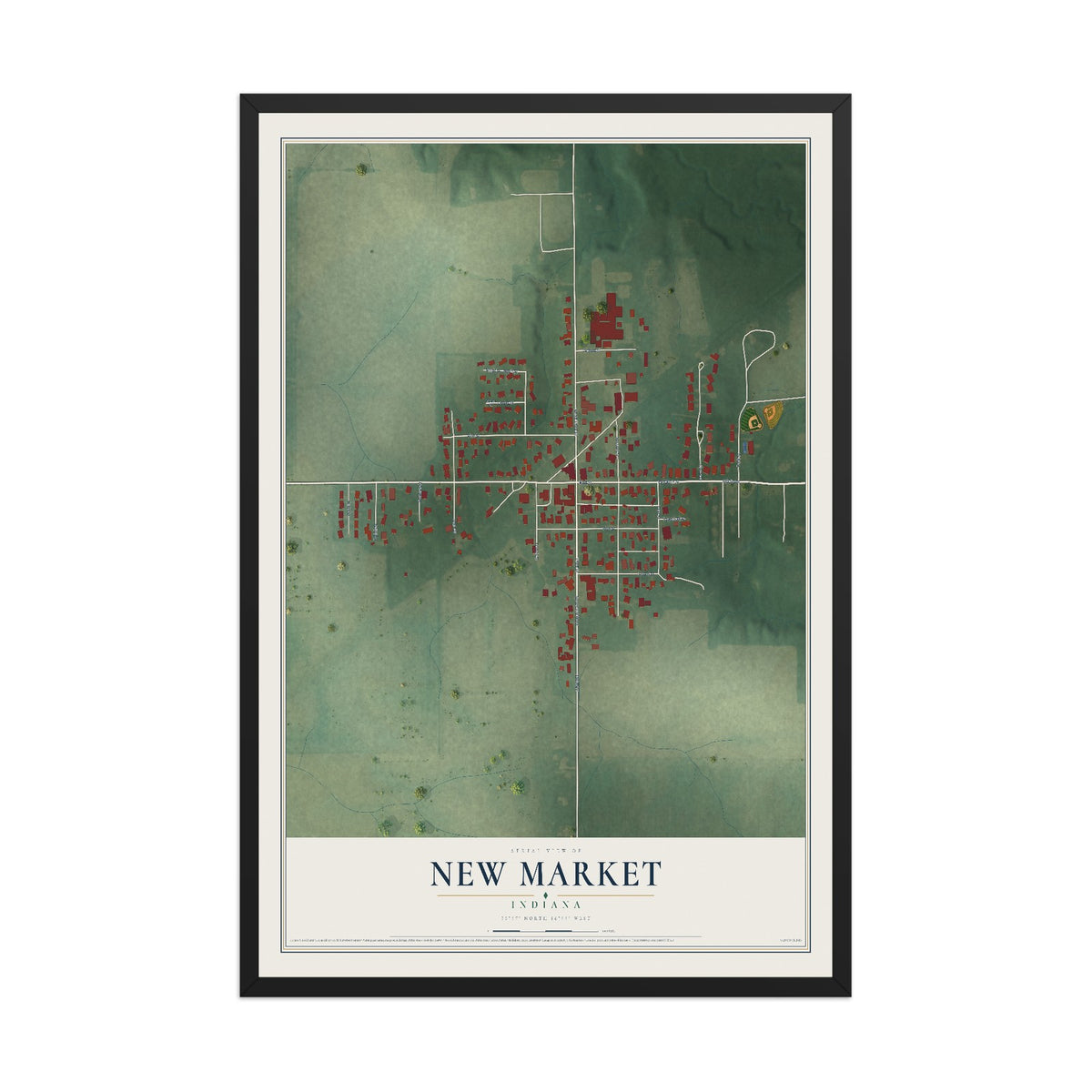 Map of New Market, Indiana, 12 x 18 inch print in a black wood frame