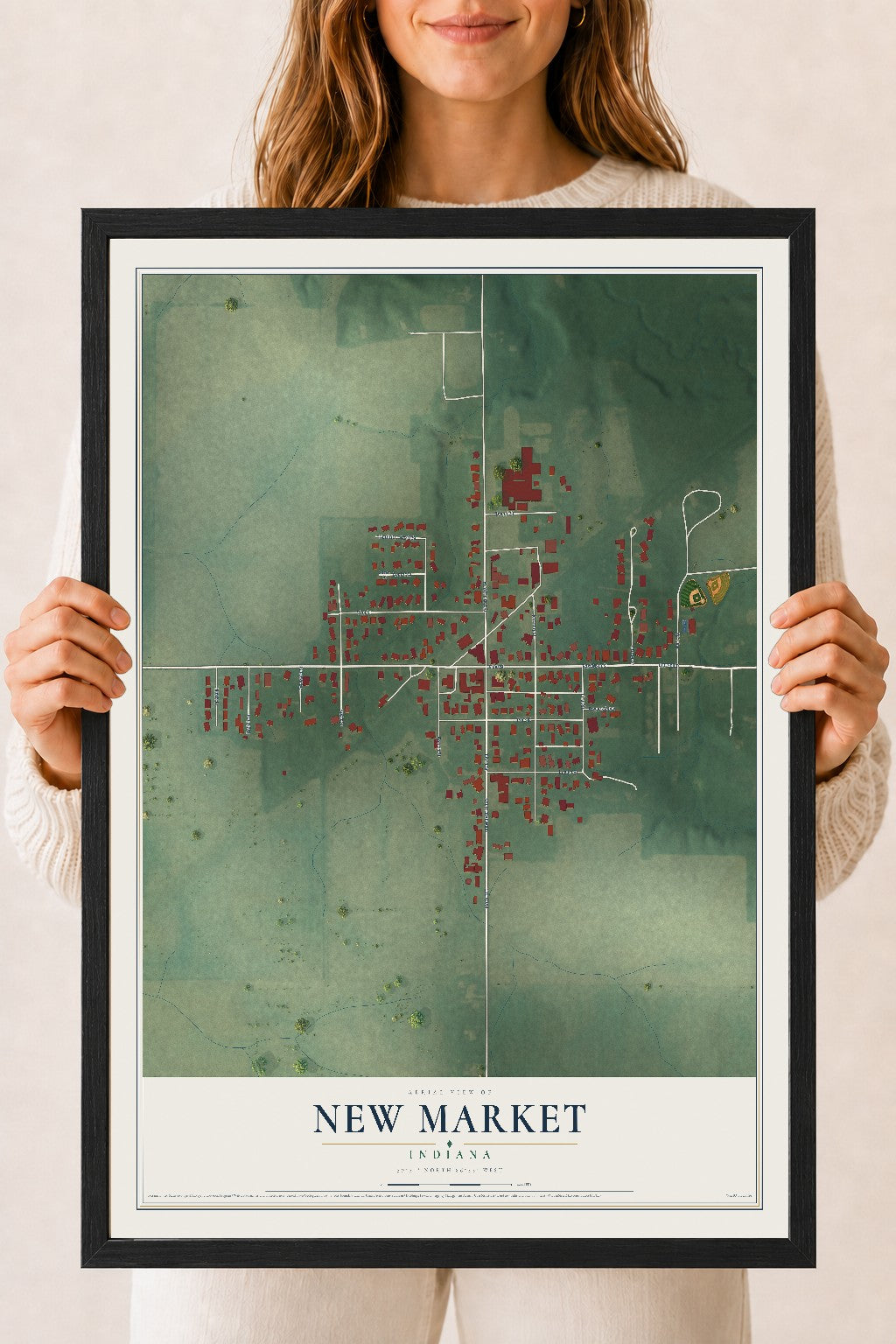 Map of New Market, Indiana, 18 x 24 inch print in a black wood frame