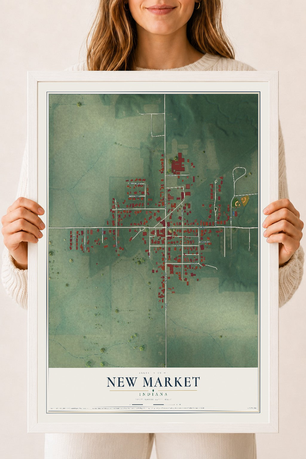 Map of New Market, Indiana, 18 x 24 inch print in a white wood frame