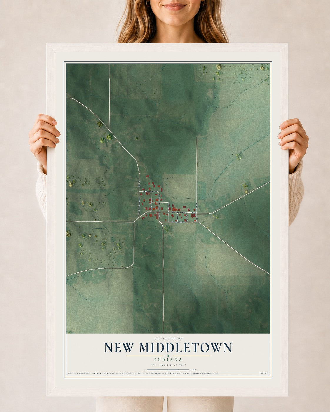 Map of New Middletown, Indiana, 24 x 36 inch print in a white wood frame