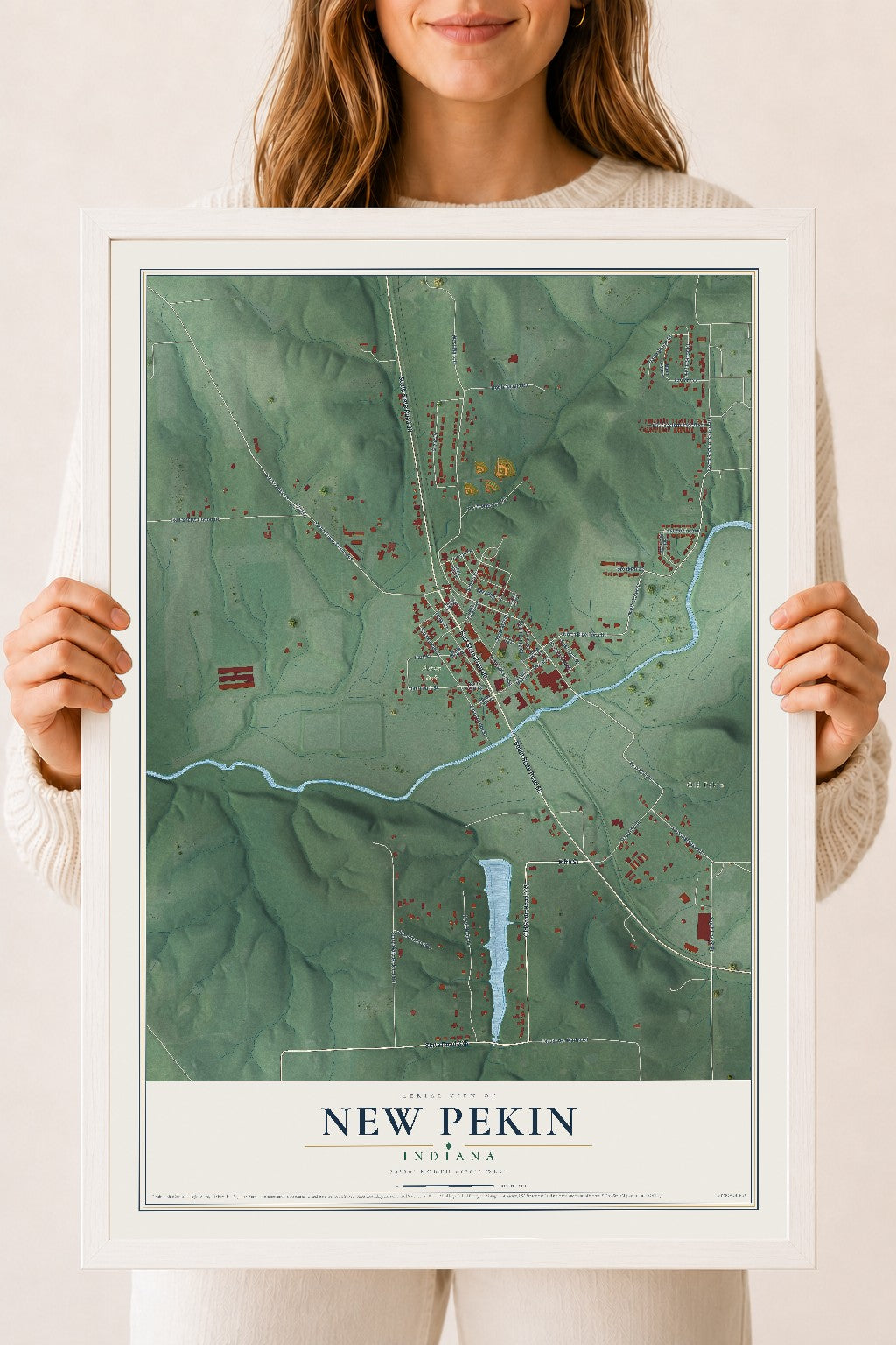 Map of New Pekin, Indiana, 18 x 24 inch print in a white wood frame