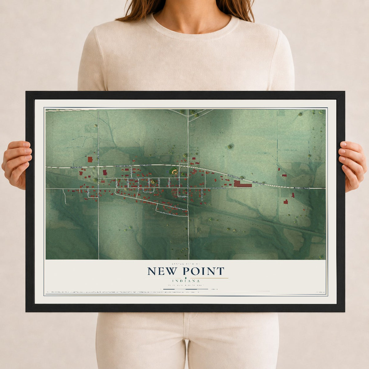 Map of New Point, Indiana, 12 x 18 inch print in a black wood frame