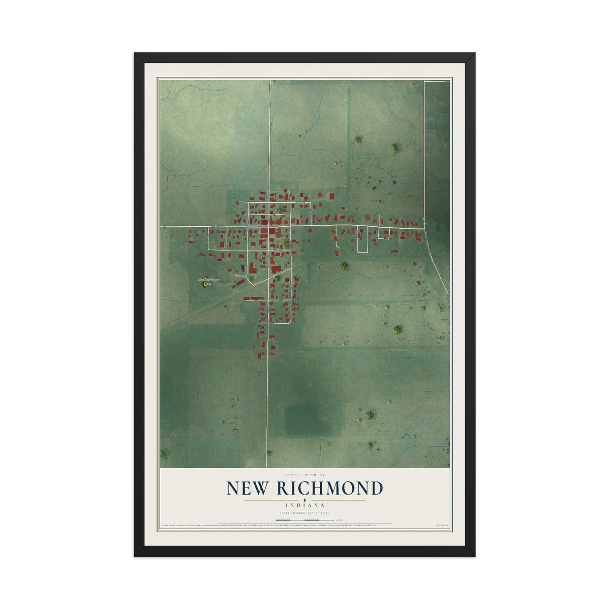 Map of New Richmond, Indiana, 12 x 18 inch print in a black wood frame