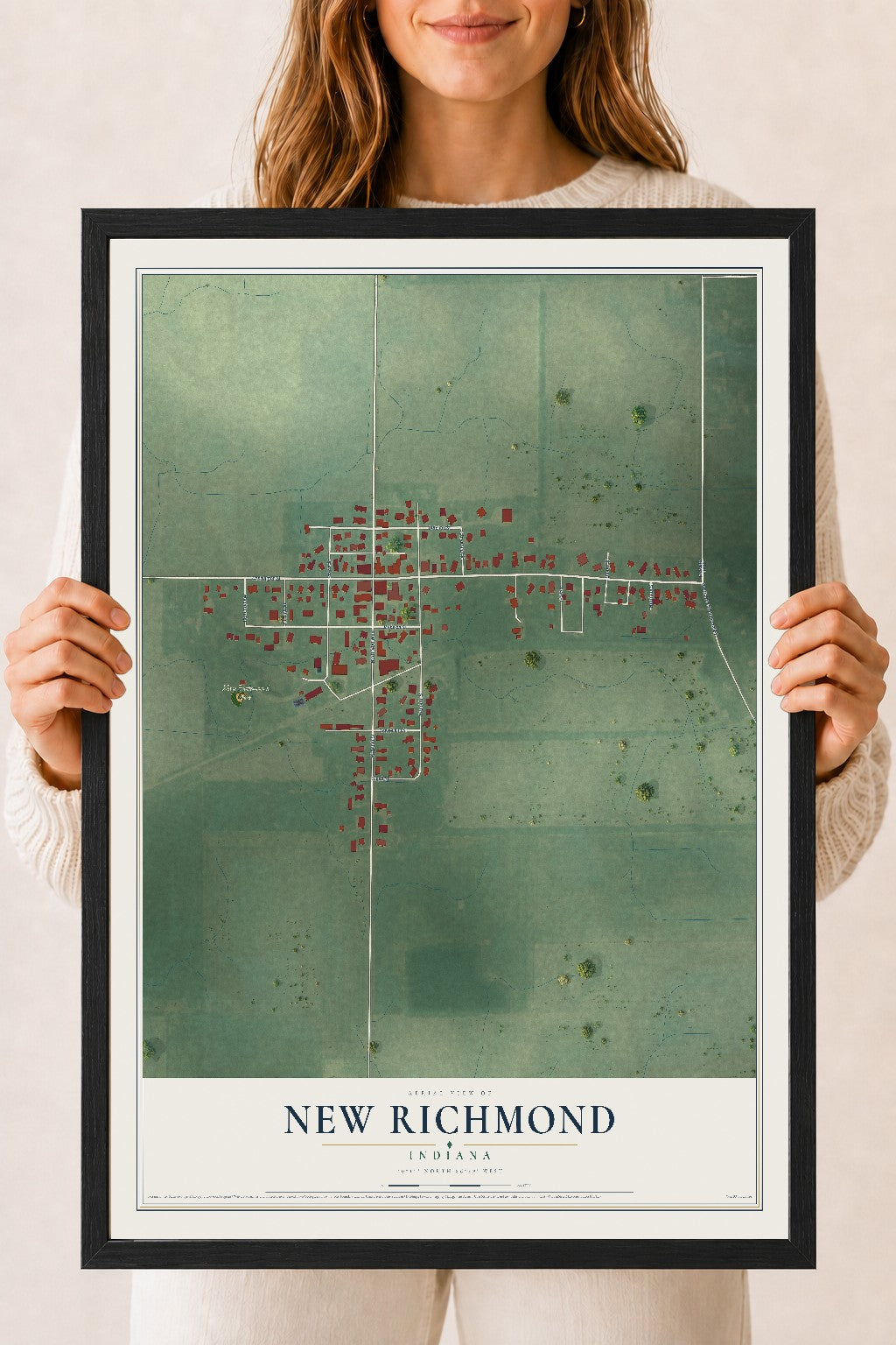 Map of New Richmond, Indiana, 18 x 24 inch print in a black wood frame