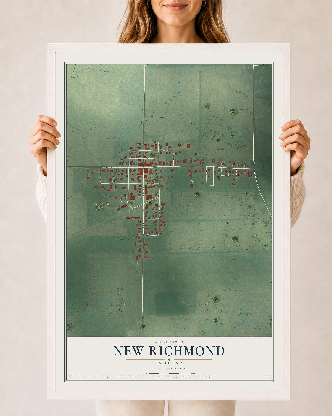 Map of New Richmond, Indiana, 24 x 36 inch print in a white wood frame