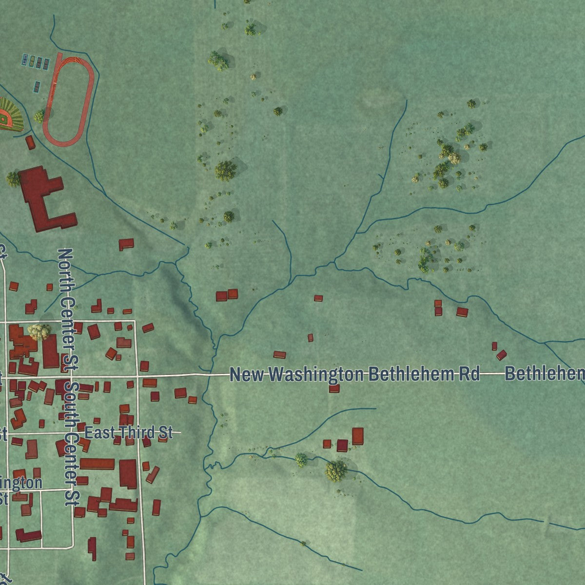 Close-up of the map of New Washington, Indiana print showing street and building detail