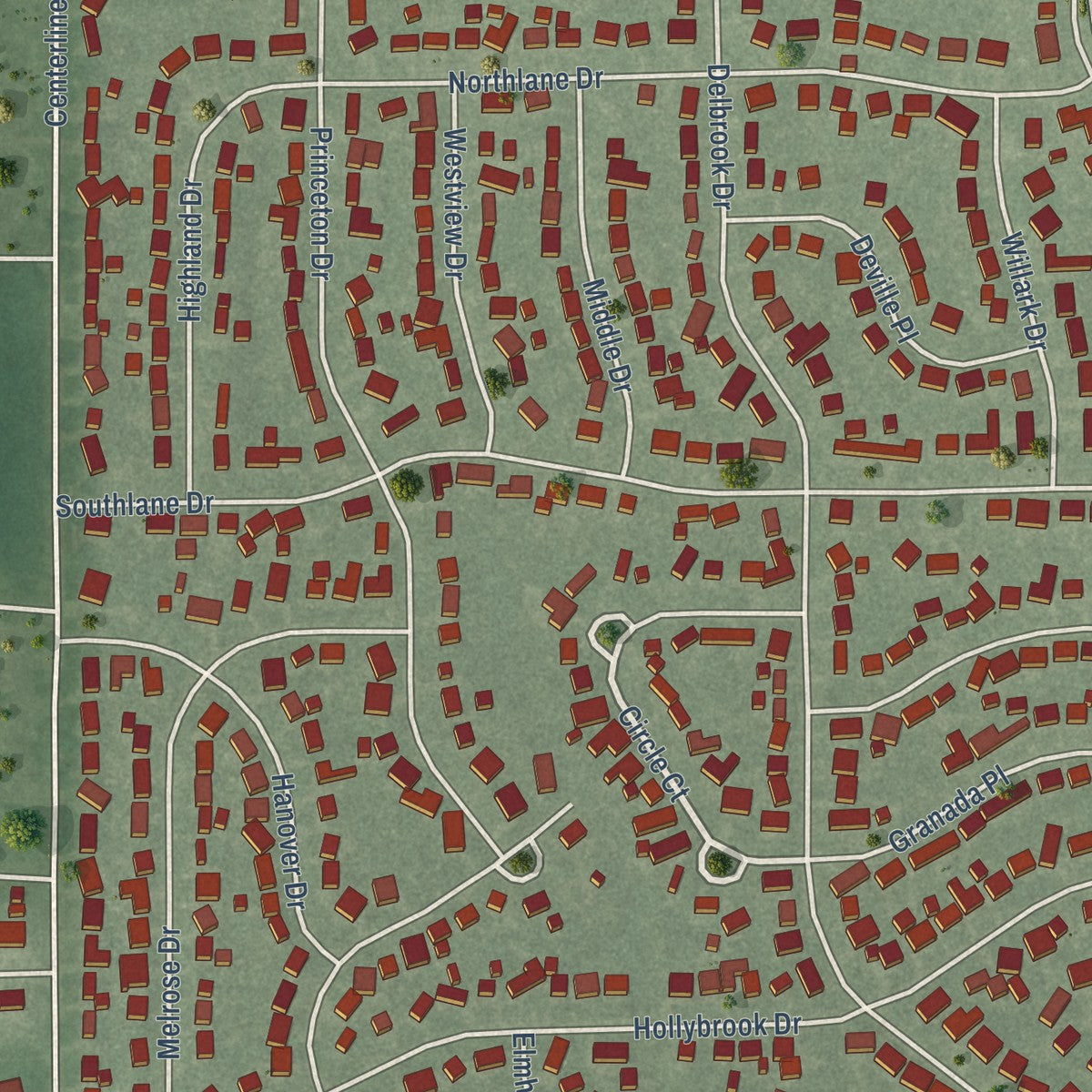 Close-up of the map of New Whiteland, Indiana print showing street and building detail