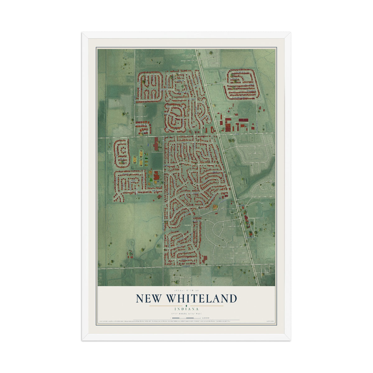 Map of New Whiteland, Indiana, 12 x 18 inch print in a white wood frame
