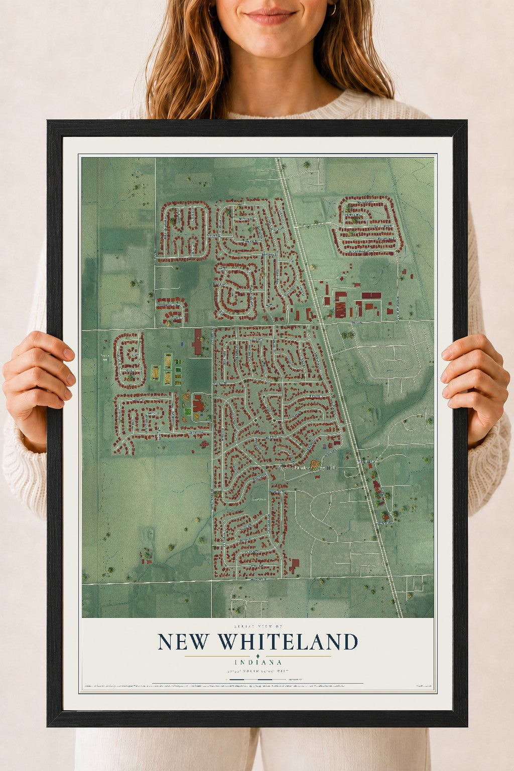 Map of New Whiteland, Indiana, 18 x 24 inch print in a black wood frame