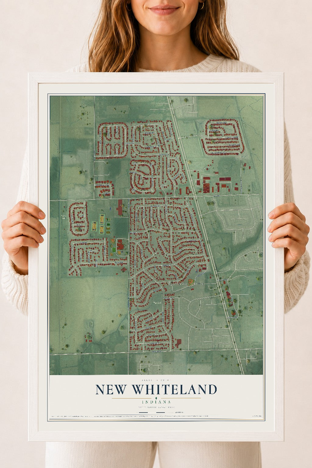 Map of New Whiteland, Indiana, 18 x 24 inch print in a white wood frame