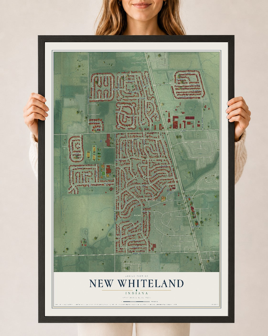 Map of New Whiteland, Indiana, 24 x 36 inch print in a black wood frame