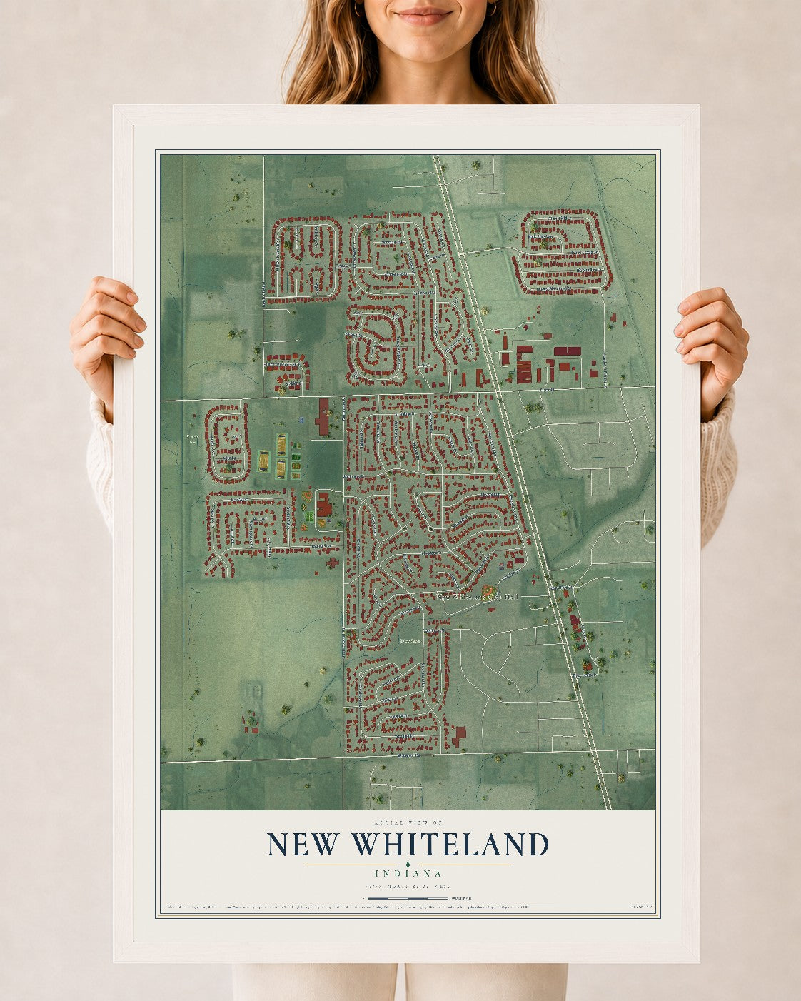 Map of New Whiteland, Indiana, 24 x 36 inch print in a white wood frame