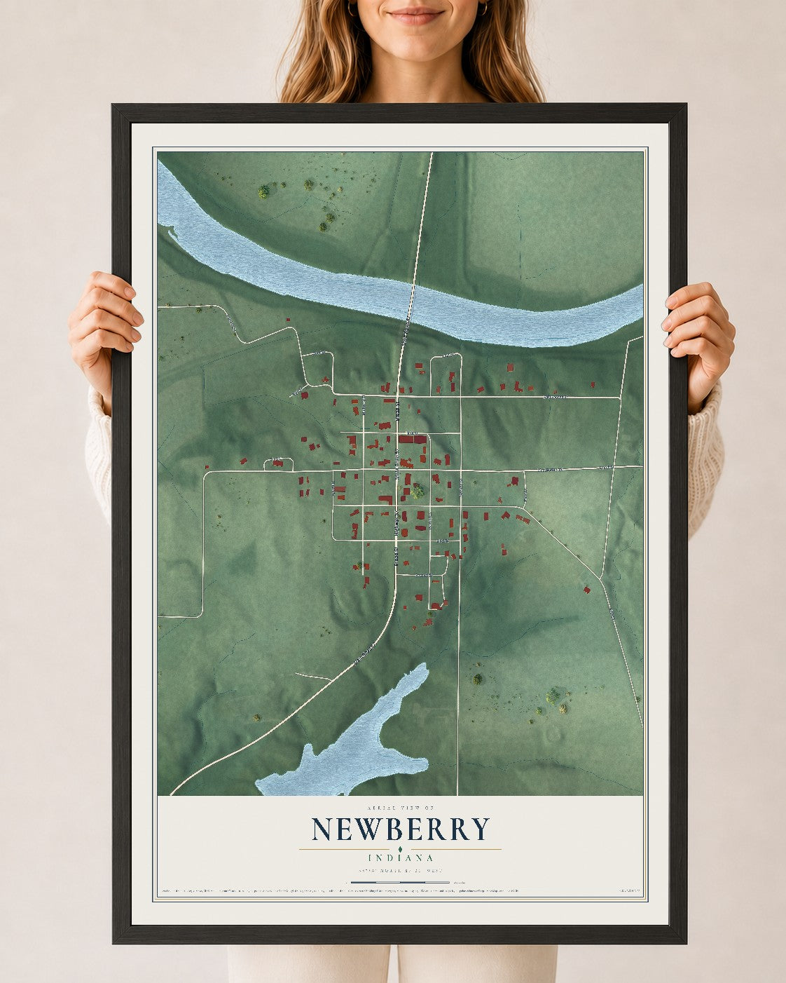 Map of Newberry, Indiana, 24 x 36 inch print in a black wood frame