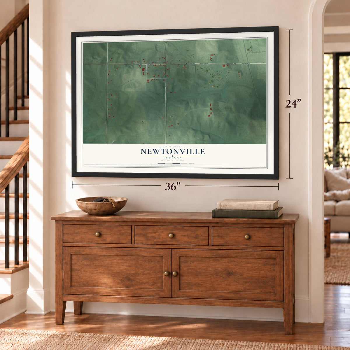 Newtonville, Indiana map, 24 x 36 inch print in a black frame above a dresser by a staircase