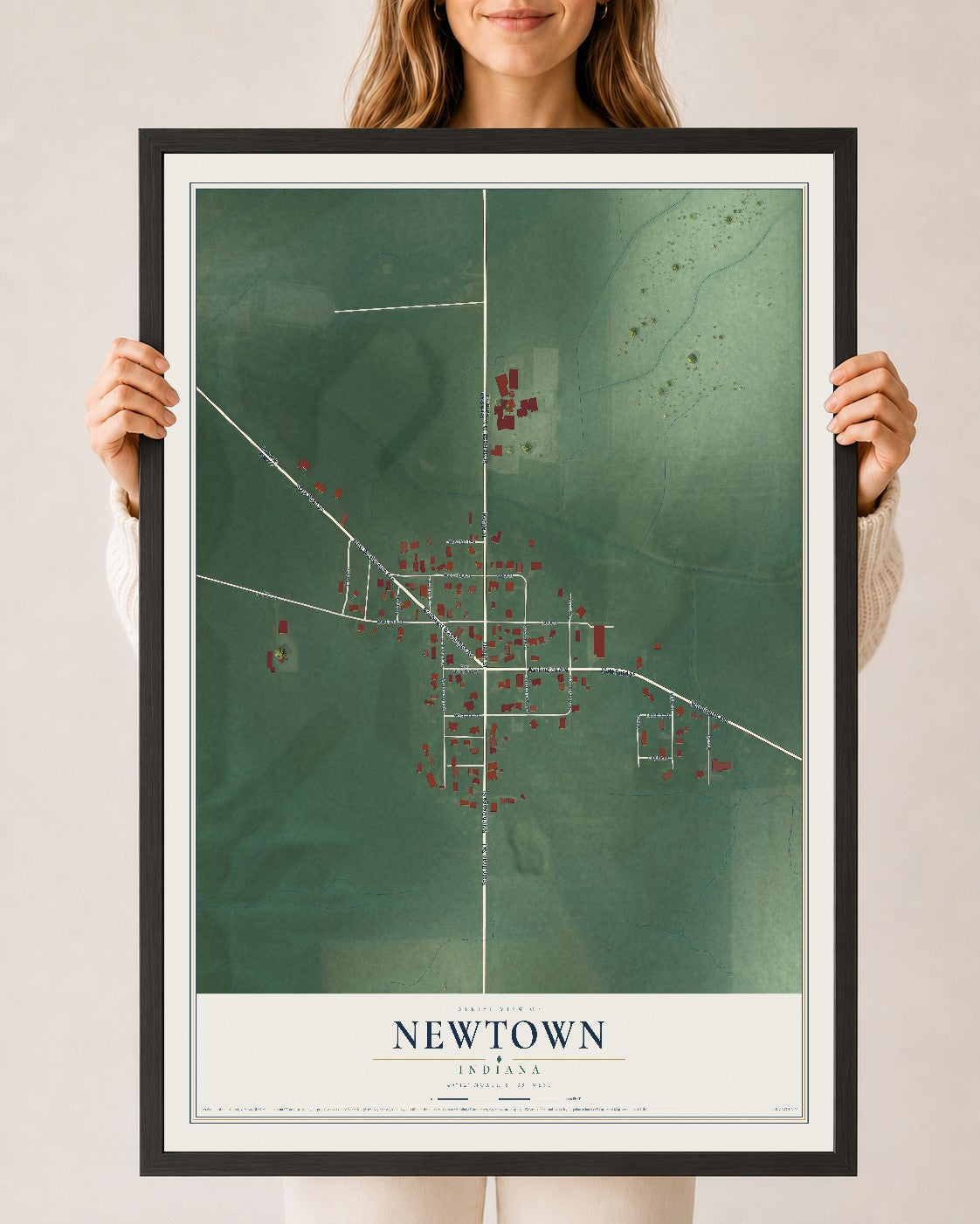 Map of Newtown, Indiana, 24 x 36 inch print in a black wood frame
