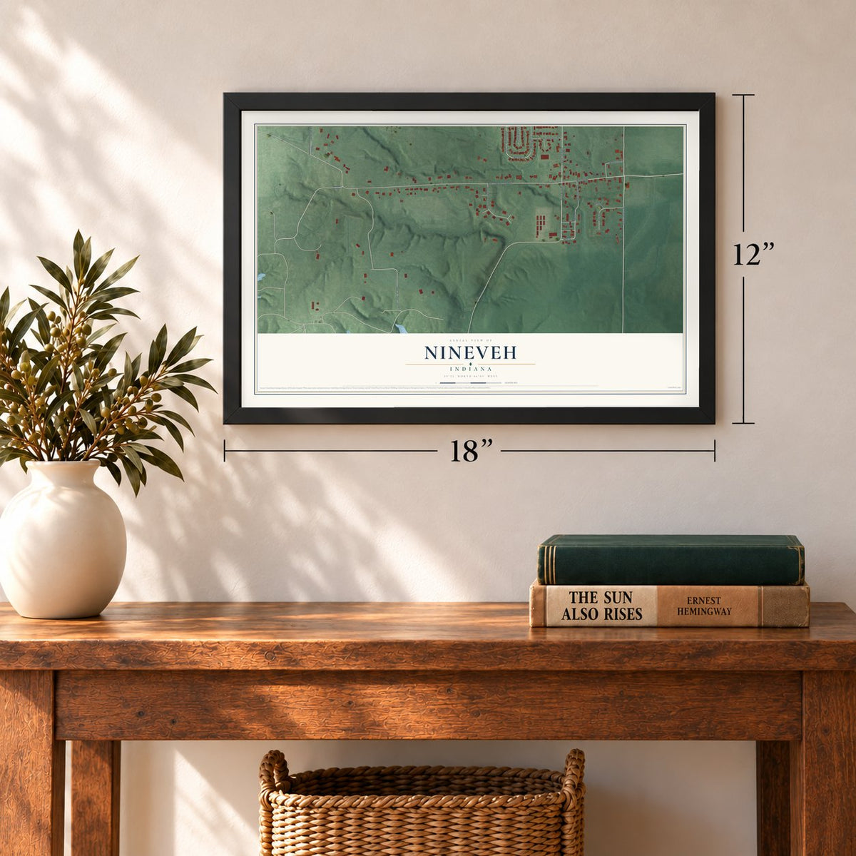 Nineveh, Indiana map, 12 x 18 inch print in a black frame in an entryway