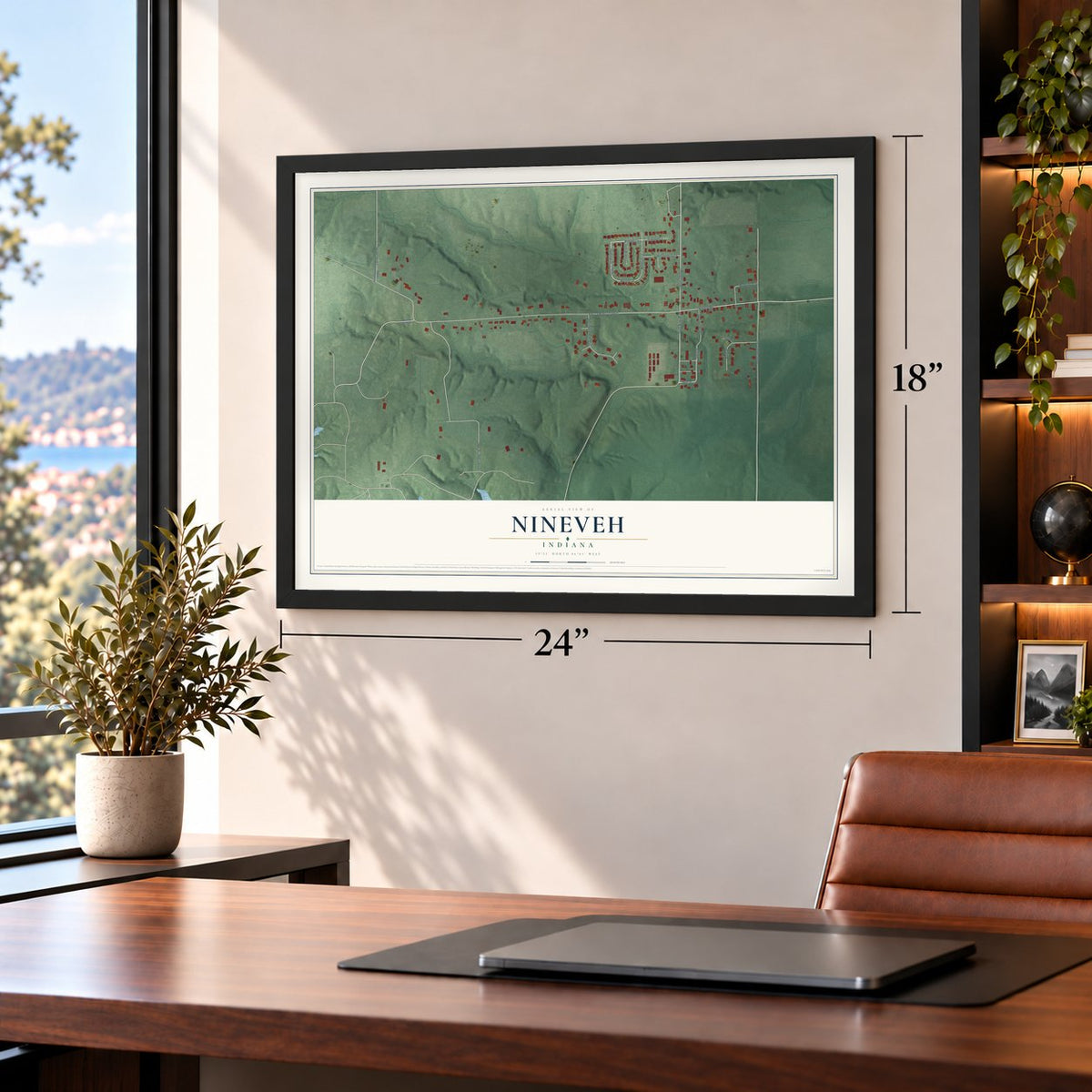 Nineveh, Indiana map, 18 x 24 inch print in a black frame in a home office