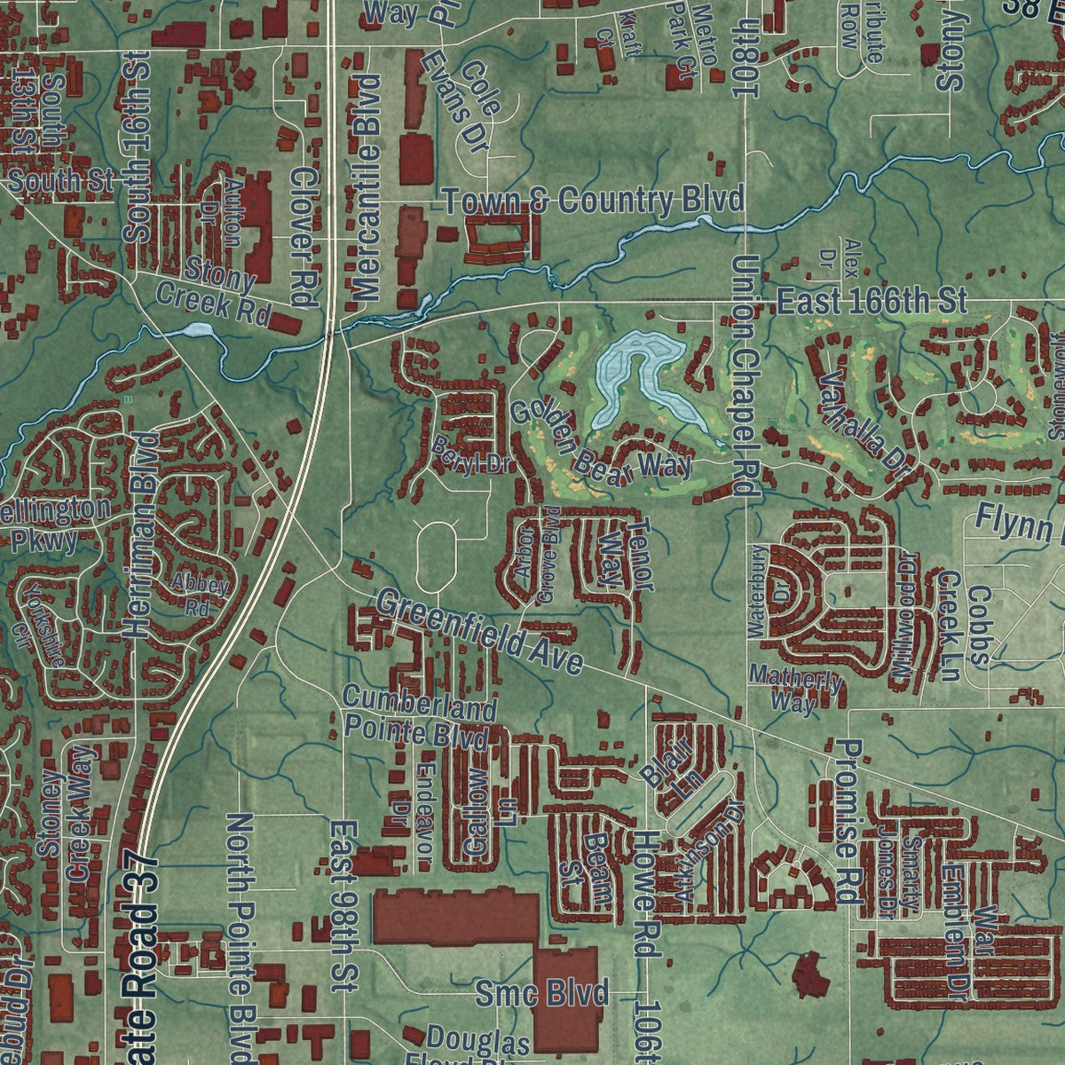Close-up of the map of Noblesville, Indiana print showing street and building detail