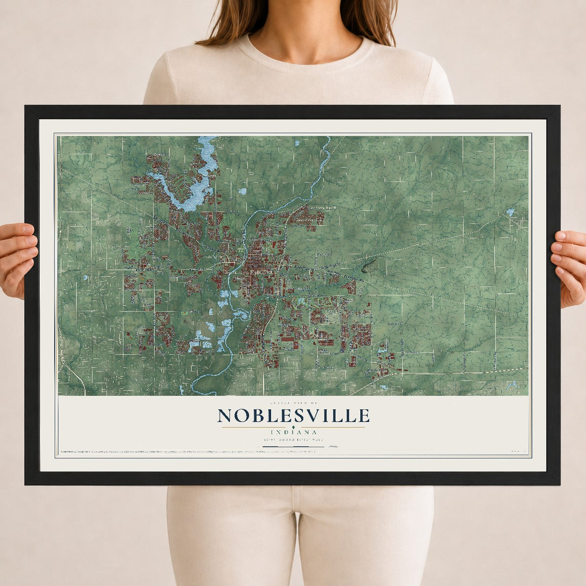 Map of Noblesville, Indiana, 18 x 24 inch print in a black wood frame