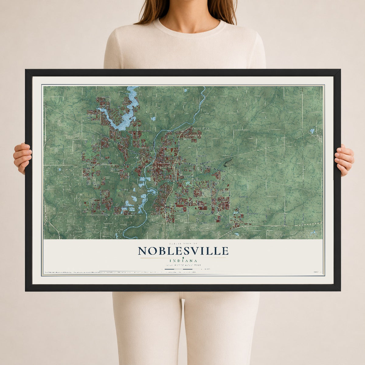 Map of Noblesville, Indiana, 24 x 36 inch print in a black wood frame