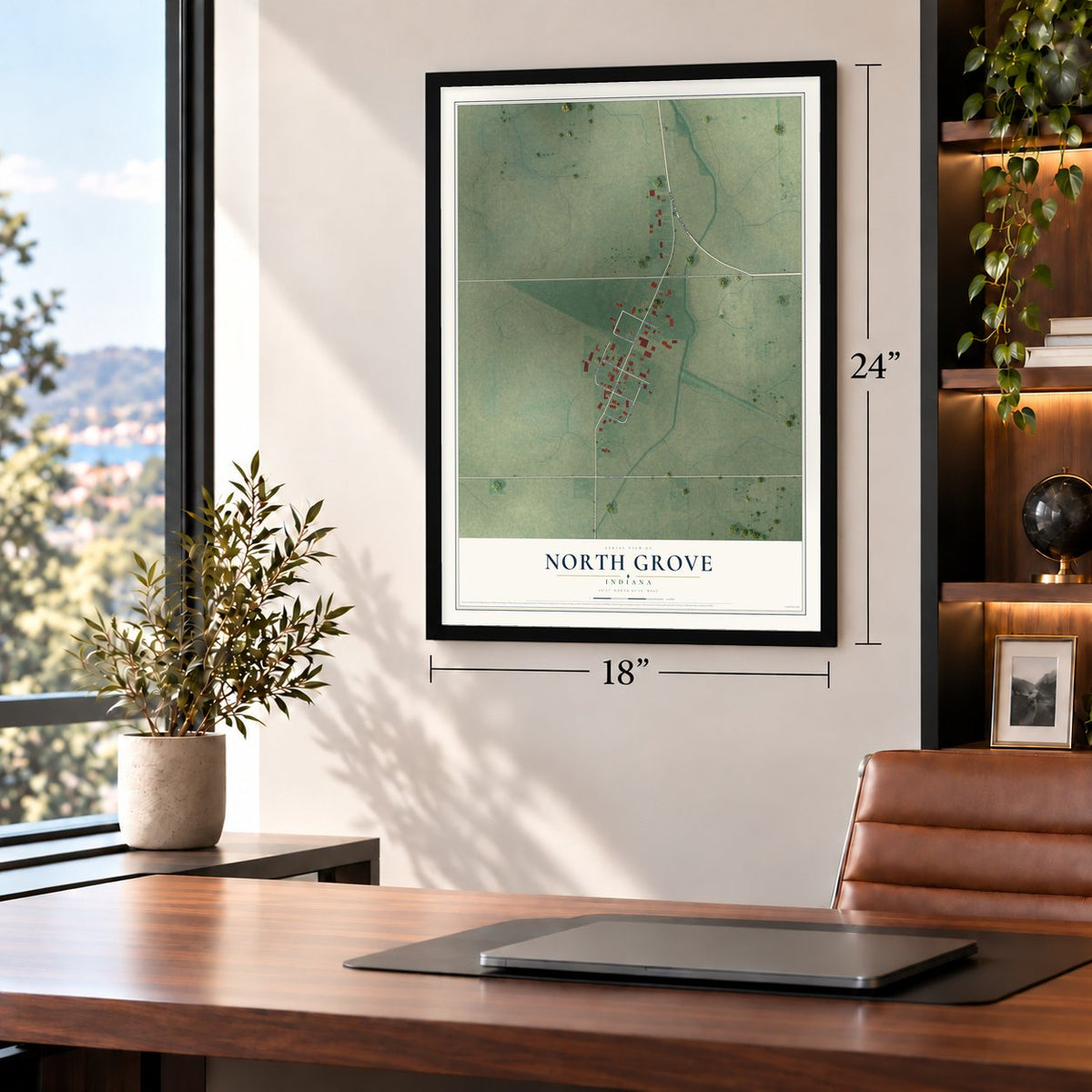 North Grove, Indiana map, 18 x 24 inch print in a black frame in a home office