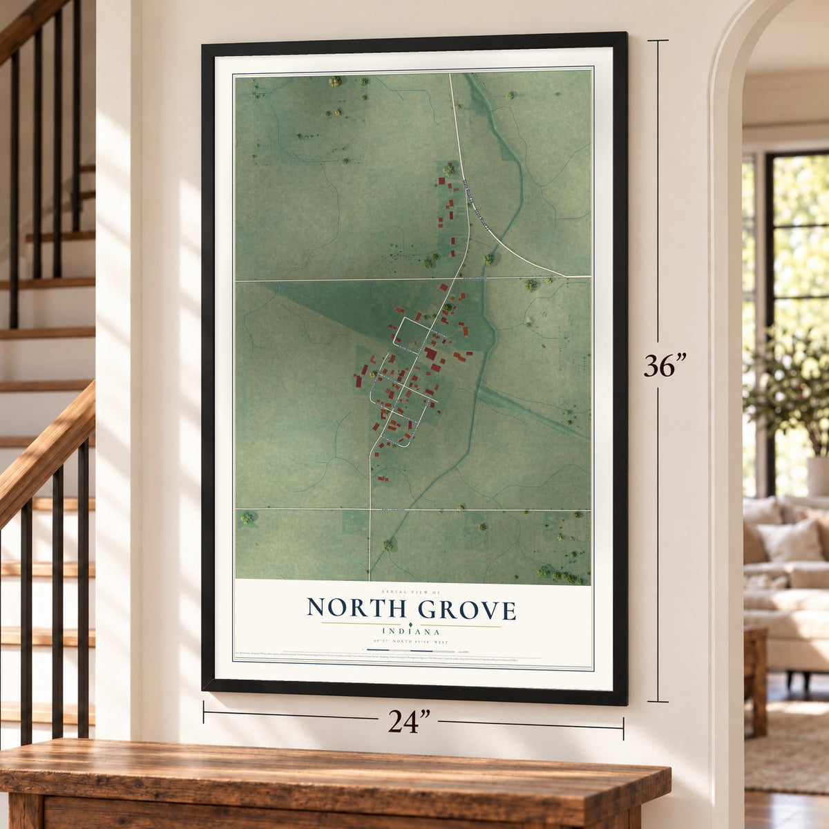 North Grove, Indiana map, 24 x 36 inch print in a black frame by a staircase